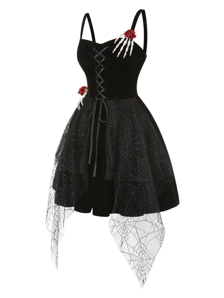 [Prévente] Robe noire d'Halloween avec decor de main de squelette et roses années 1950