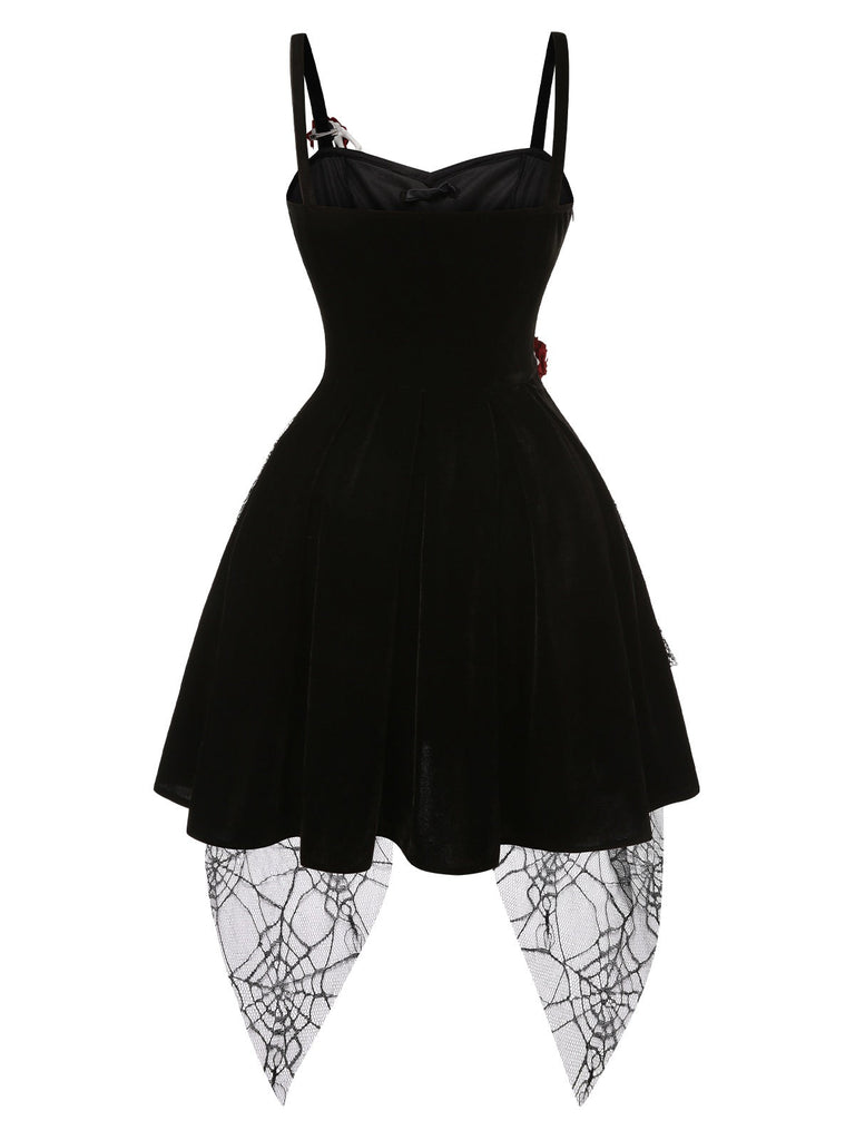 [Prévente] Robe noire d'Halloween avec decor de main de squelette et roses années 1950
