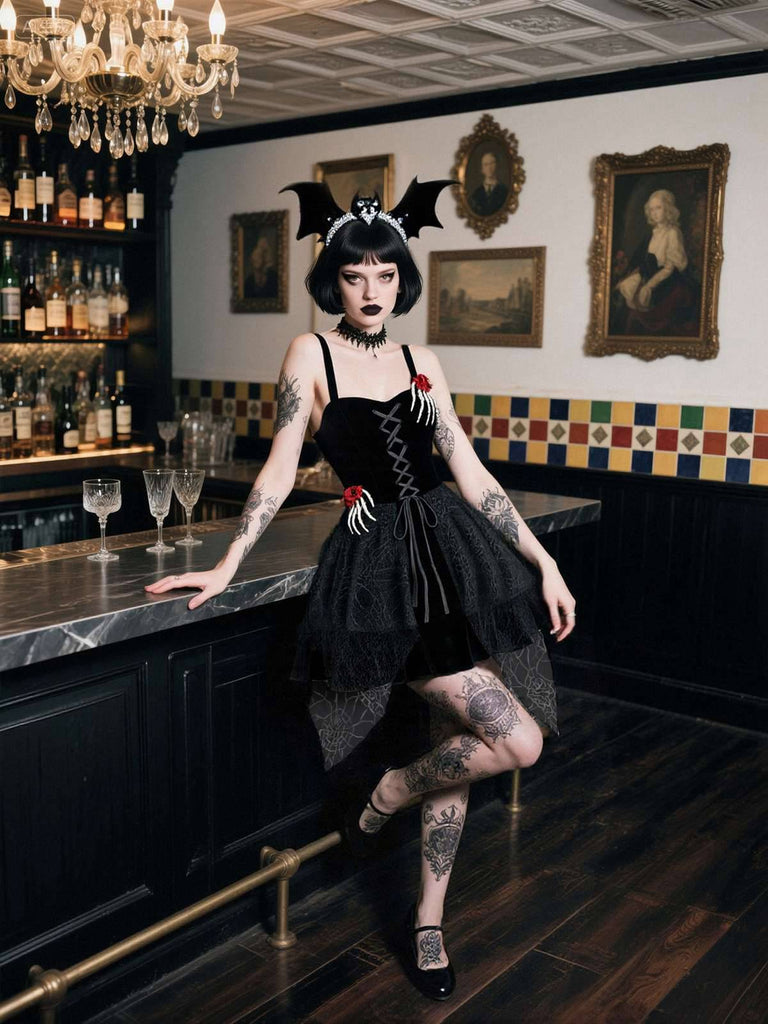 [Prévente] Robe noire d'Halloween avec decor de main de squelette et roses années 1950
