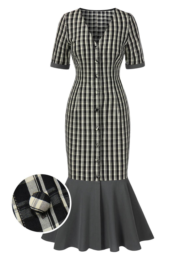 [Pré-vente] Robe sirène grise à carreaux col en V manches mi-longues des années 1930