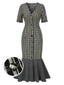 [Pré-vente] Robe sirène grise à carreaux col en V manches mi-longues des années 1930