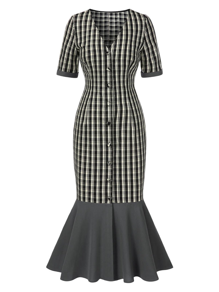 [Pré-vente] Robe sirène grise à carreaux col en V manches mi-longues des années 1930