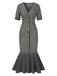 [Pré-vente] Robe sirène grise à carreaux col en V manches mi-longues des années 1930