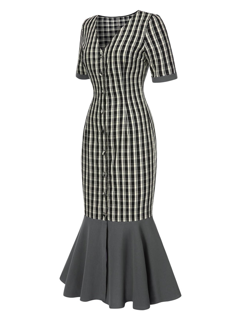 [Pré-vente] Robe sirène grise à carreaux col en V manches mi-longues des années 1930