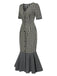 [Pré-vente] Robe sirène grise à carreaux col en V manches mi-longues des années 1930
