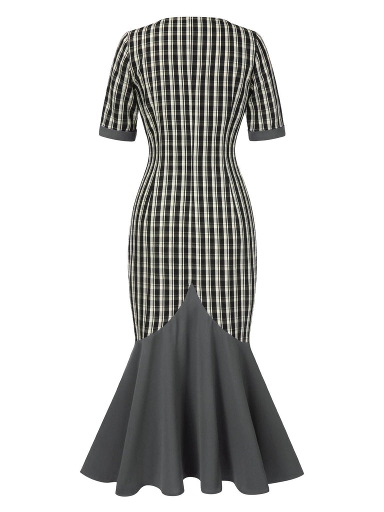 [Pré-vente] Robe sirène grise à carreaux col en V manches mi-longues des années 1930