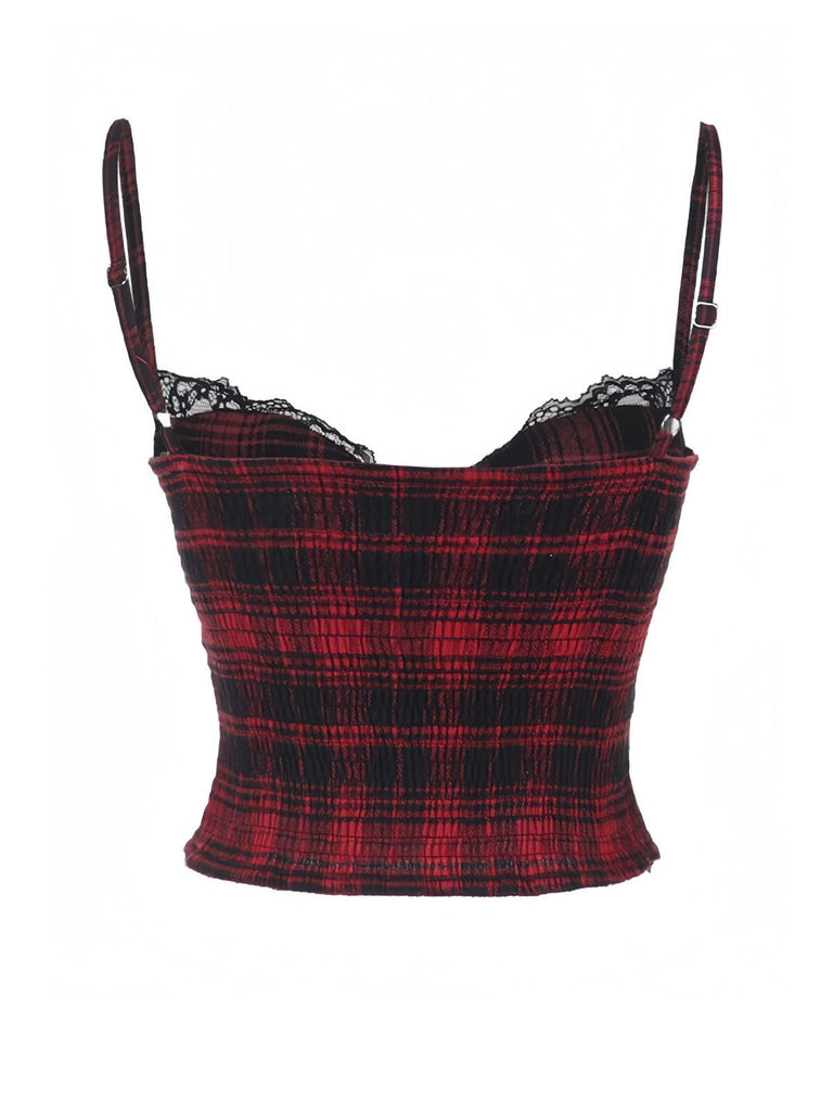 Caraco smocké en dentelle et cuir à carreaux style punk rouge des années 1970
