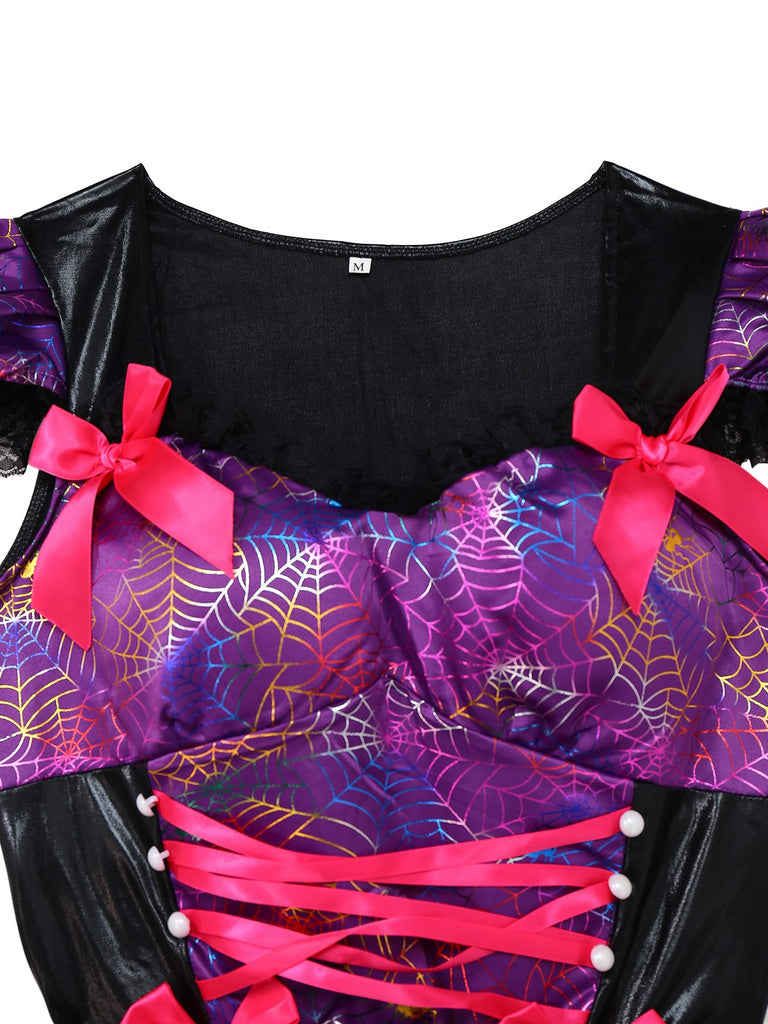 Robe violette à lacets en toile d'araignée Halloween années 1970