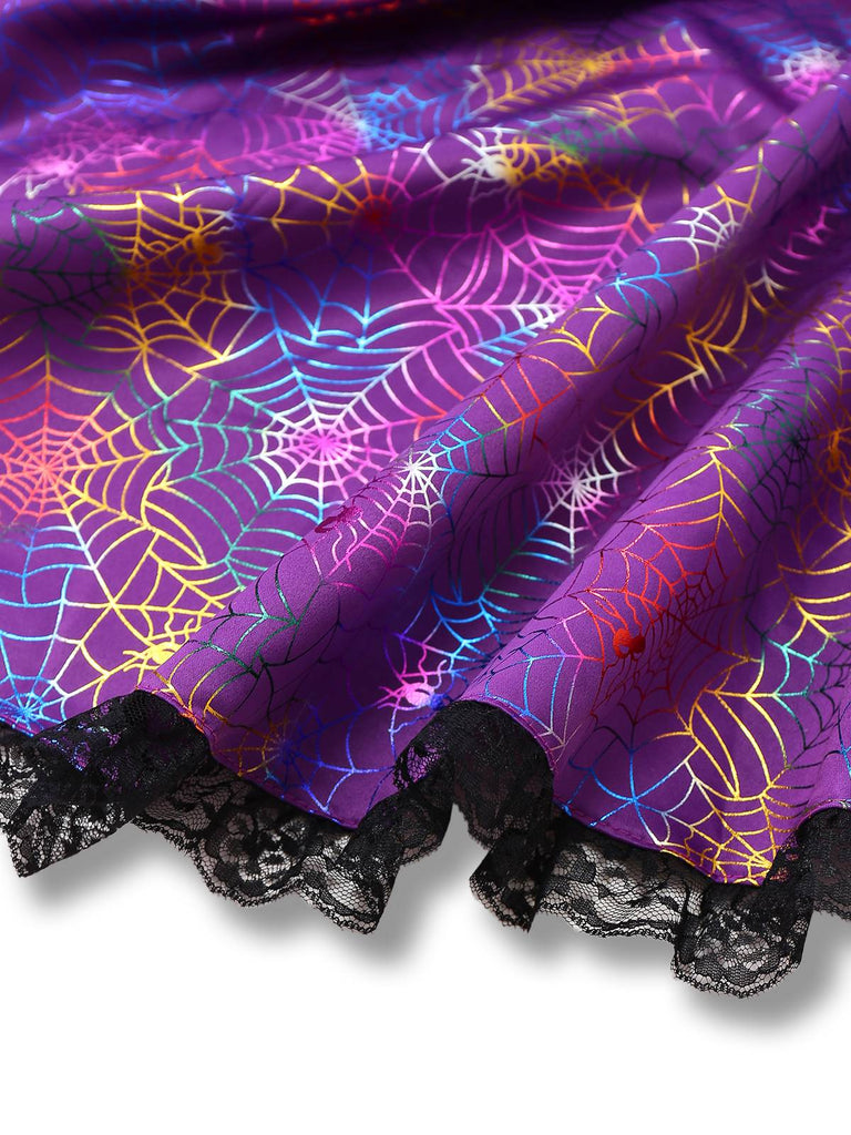 Robe violette à lacets en toile d'araignée Halloween années 1970
