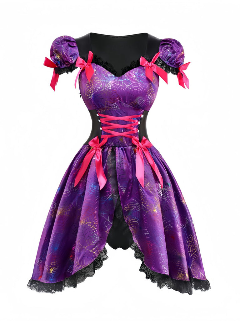 Robe violette à lacets en toile d'araignée Halloween années 1970