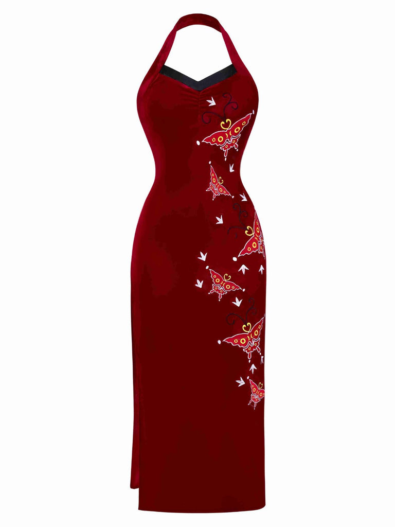 Robe rouge Ada-Wong en velours brodée de papillons années 1980