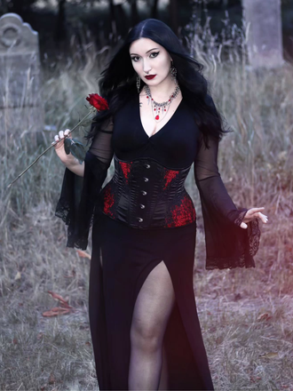Robe noire gothique à manches évasées en dentelle années 1980