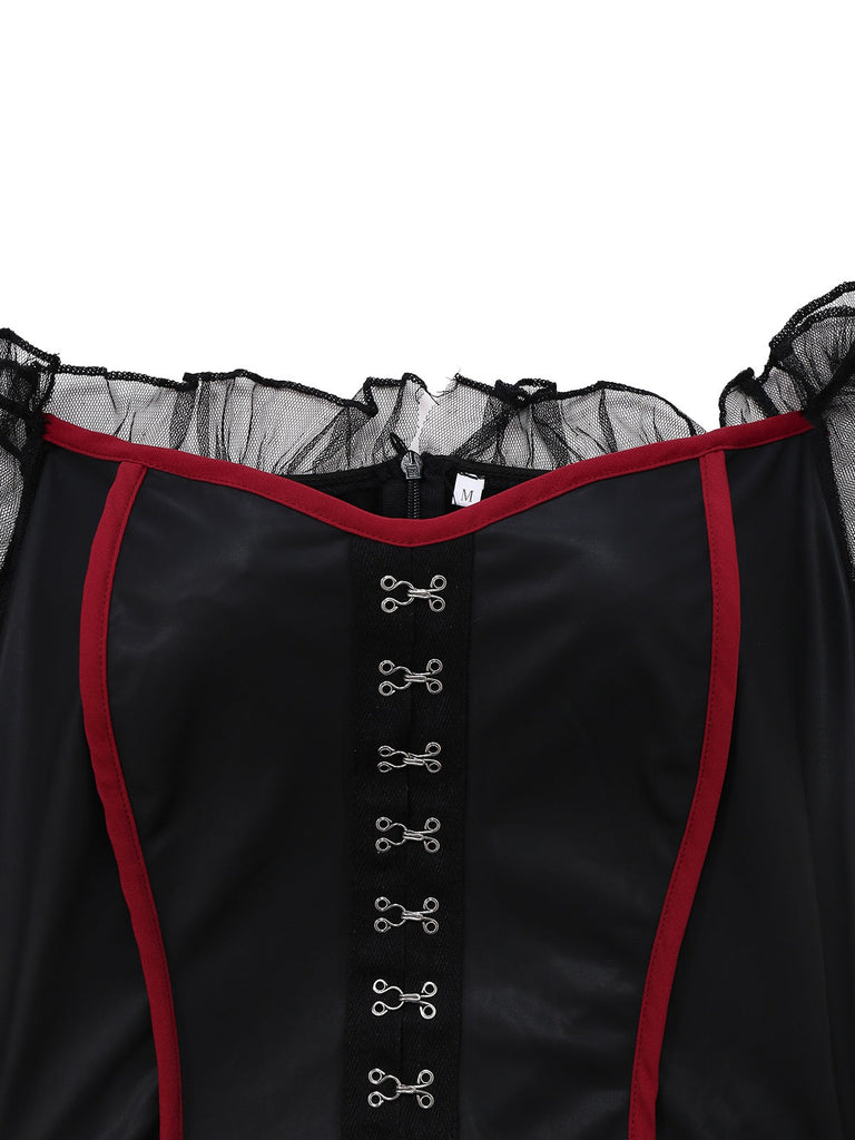 Robe rouge en maille et châle brodée style sorcière vampire Halloween des années 1980