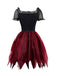 Robe rouge en maille et châle brodée style sorcière vampire Halloween des années 1980