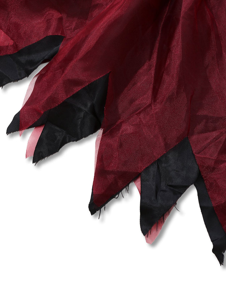Robe rouge en maille et châle brodée style sorcière vampire Halloween des années 1980