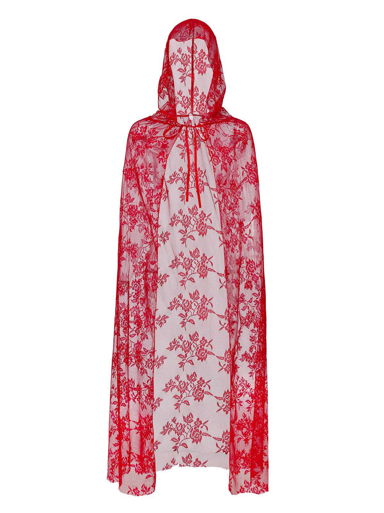 Robe rouge en maille et châle brodée style sorcière vampire Halloween des années 1980
