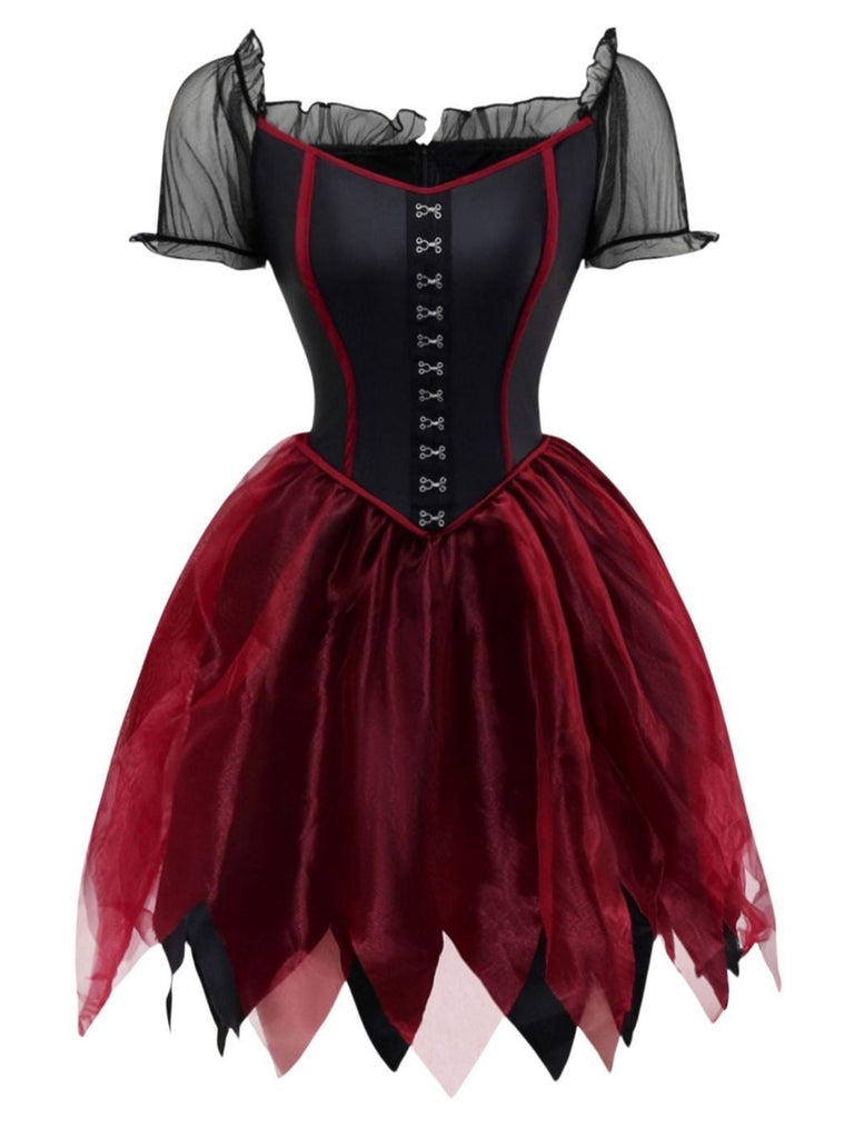 Robe rouge en maille et châle brodée style sorcière vampire Halloween des années 1980