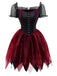 Robe rouge en maille et châle brodée style sorcière vampire Halloween des années 1980