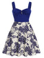 [Prévente] [Grande Taille] Robe bleu à col en cœur et boutons fleuris des années 1950