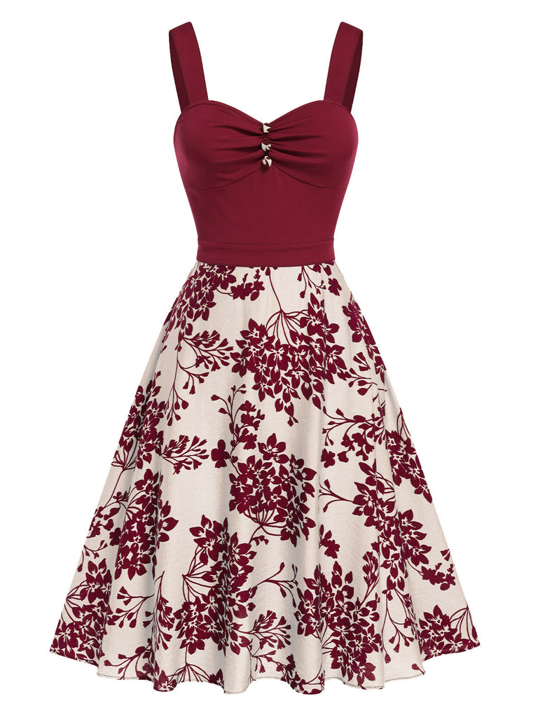 Robe rouge à col en cœur et boutons fleuris des années 1950