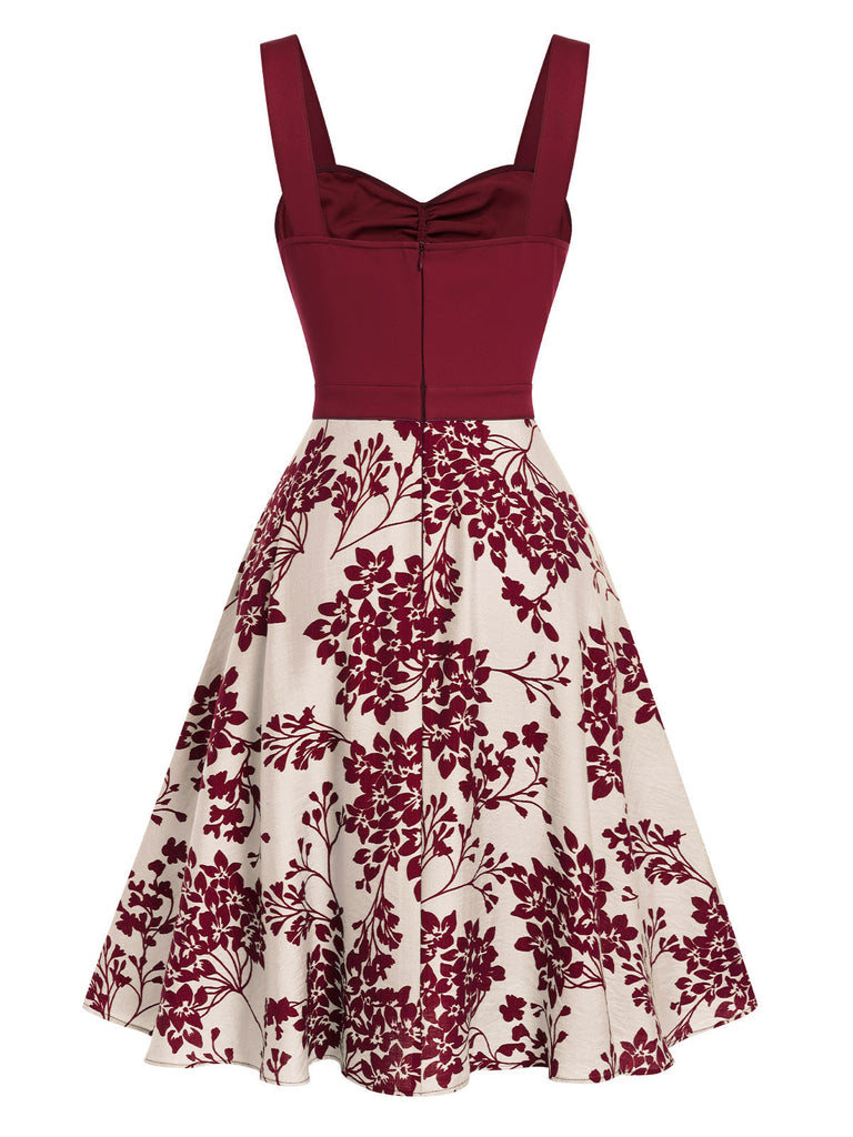 Robe rouge à col en cœur et boutons fleuris des années 1950