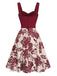 Robe rouge à col en cœur et boutons fleuris des années 1950