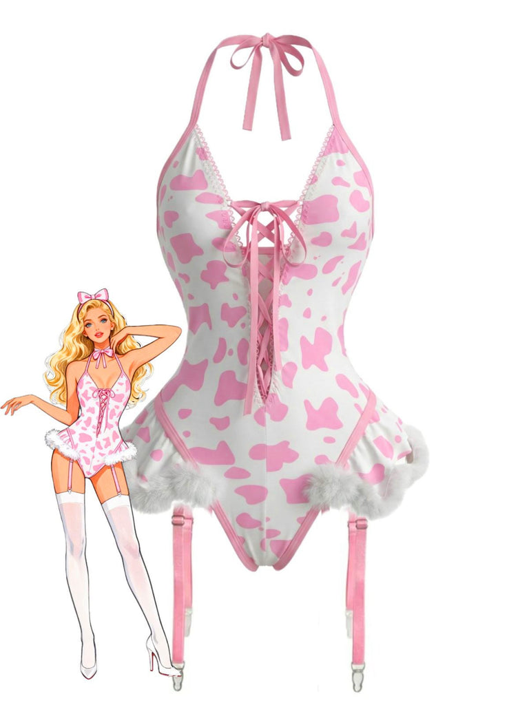 Ensemble de lingerie en peluche lacets et dos nu motifs vache années 1960