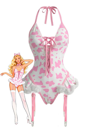 Ensemble de lingerie en peluche lacets et dos nu motifs vache années 1960