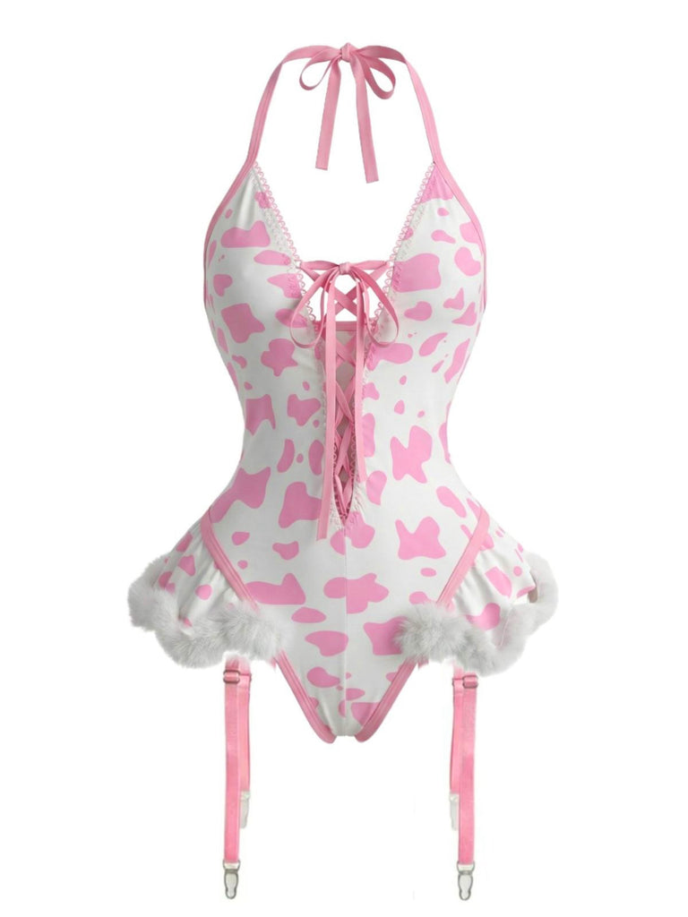 Ensemble de lingerie en peluche lacets et dos nu motifs vache années 1960