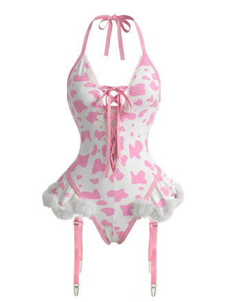 Ensemble de lingerie en peluche lacets et dos nu motifs vache années 1960