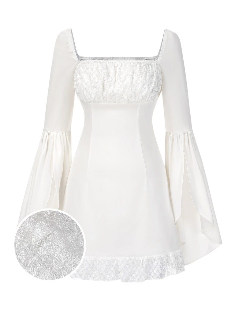 [Prévente] Robe blanche manches évasées et froncées en dentelle des années 1960