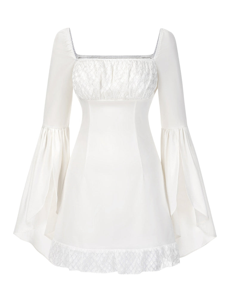[Prévente] Robe blanche manches évasées et froncées en dentelle des années 1960