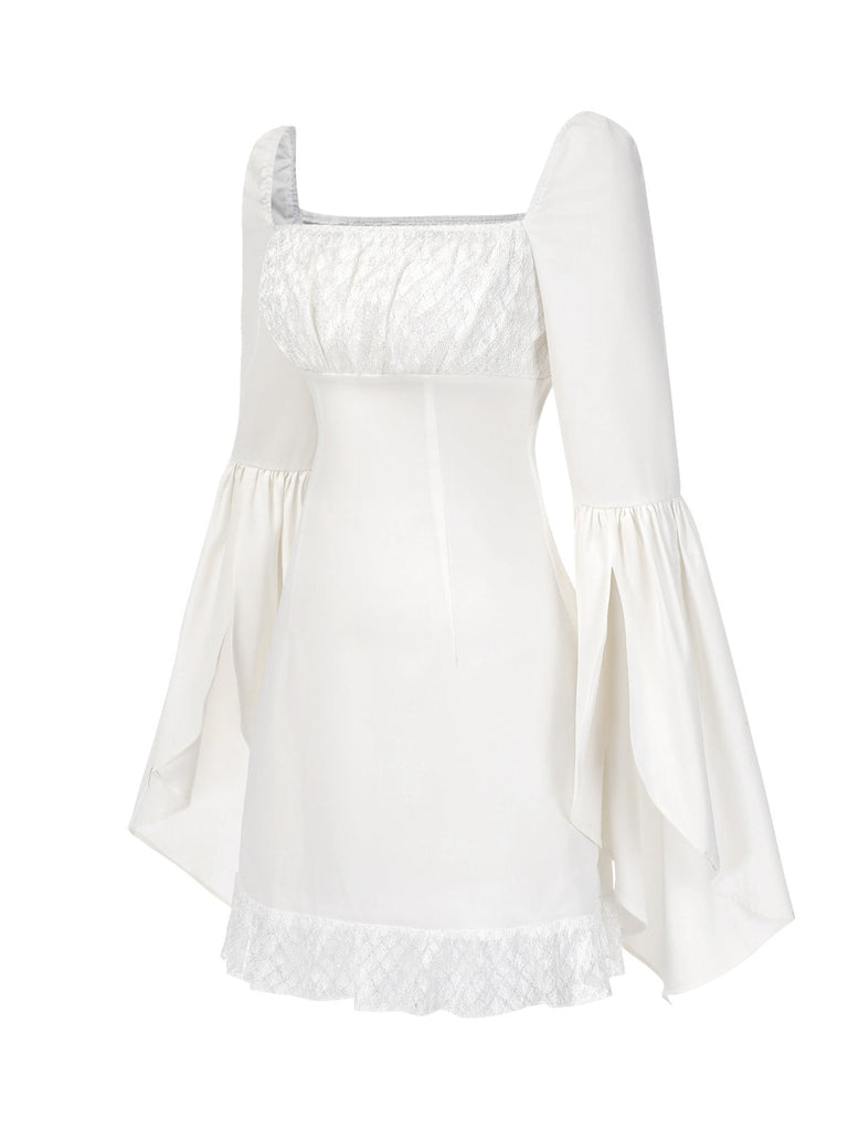 [Prévente] Robe blanche manches évasées et froncées en dentelle des années 1960