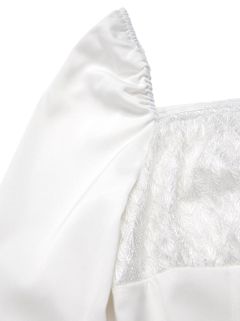 [Prévente] Robe blanche manches évasées et froncées en dentelle des années 1960