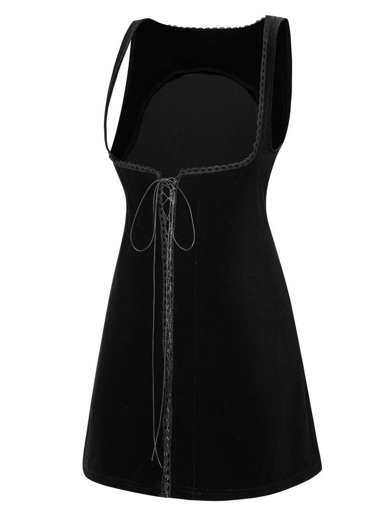 [Prévente] Robe salopette noire à lacets en velours uni des années 1960