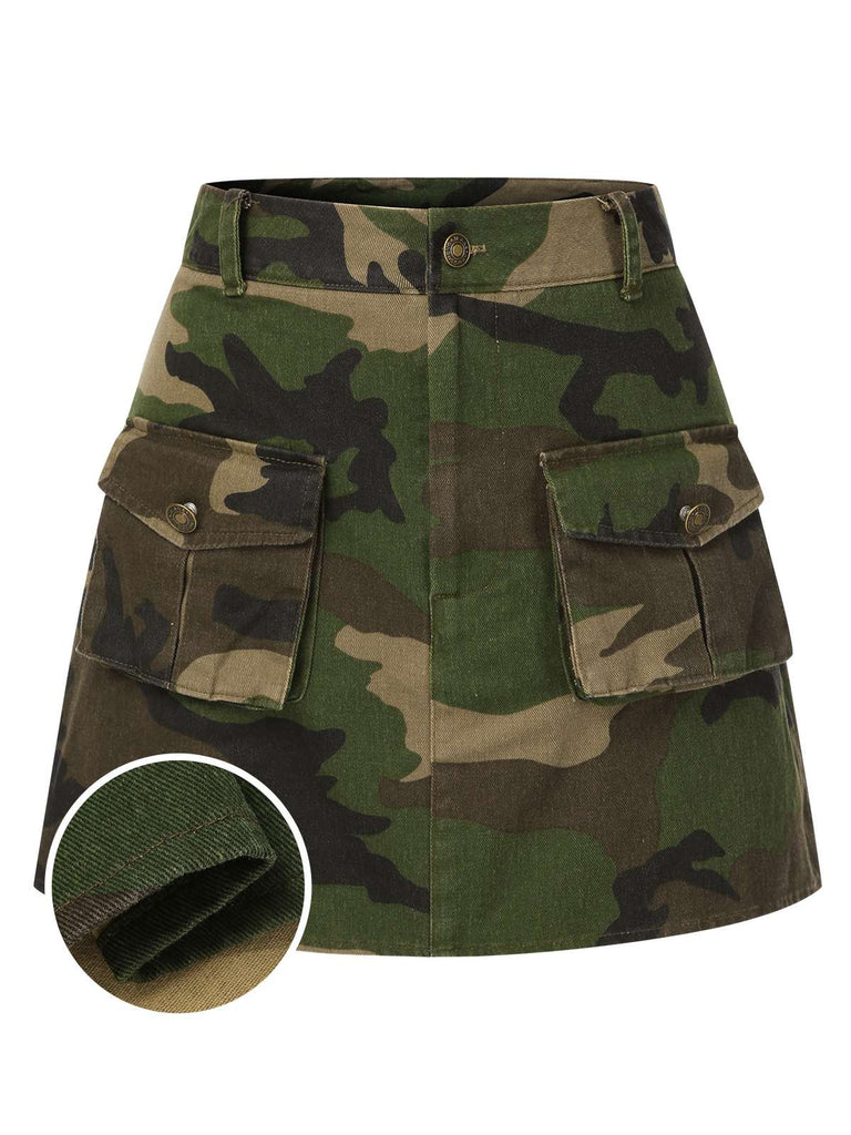 [Pré-vente] Mini-jupe verte en coton imprimé camouflage des années 1960