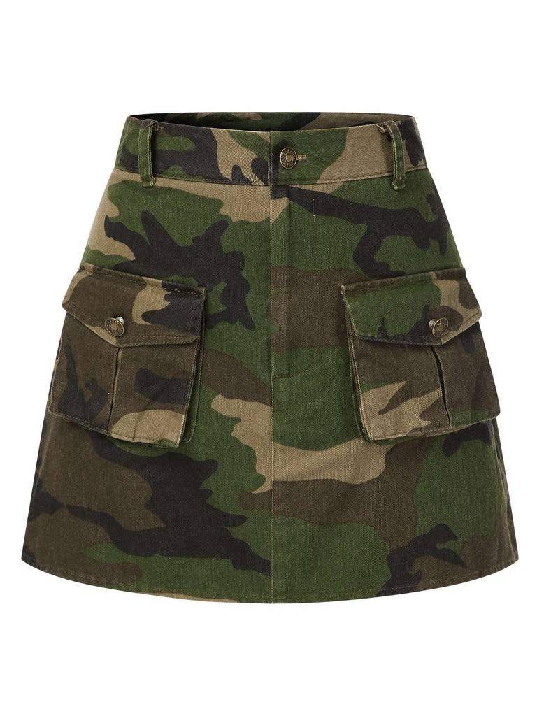 [Pré-vente] Mini-jupe verte en coton imprimé camouflage des années 1960