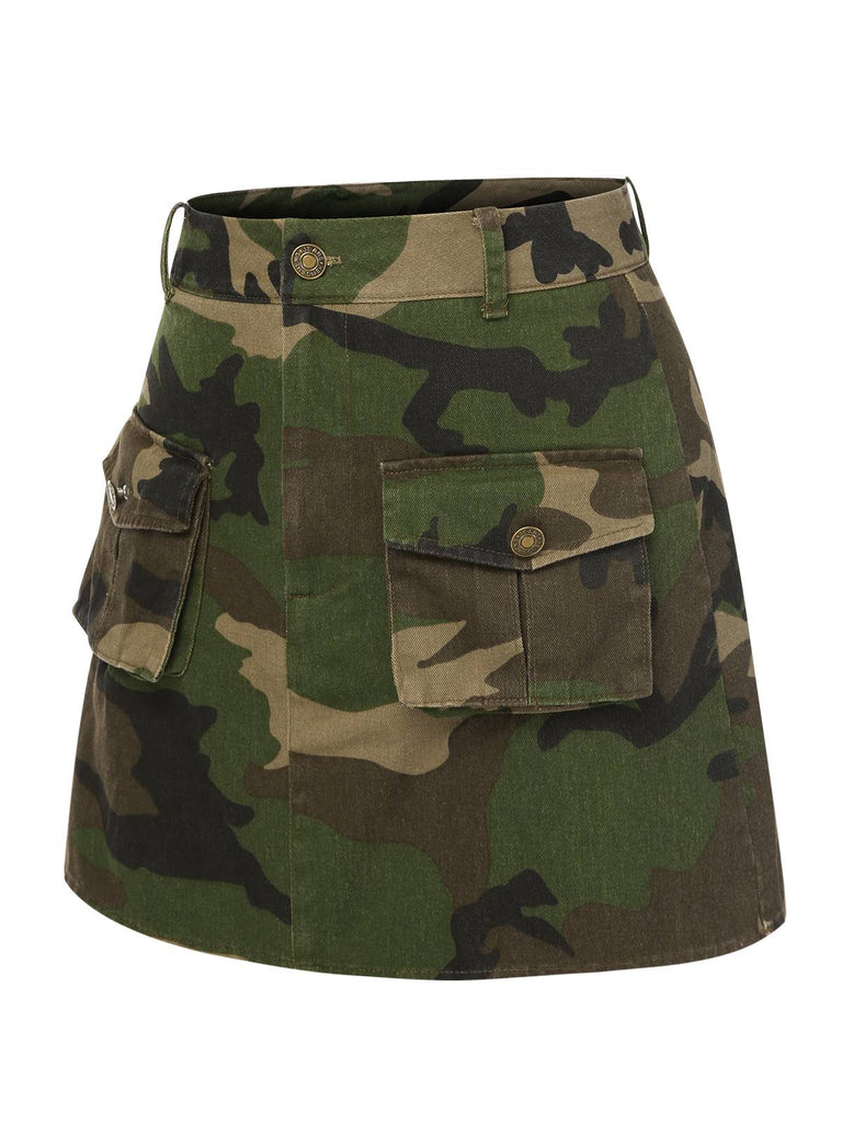 [Pré-vente] Mini-jupe verte en coton imprimé camouflage des années 1960