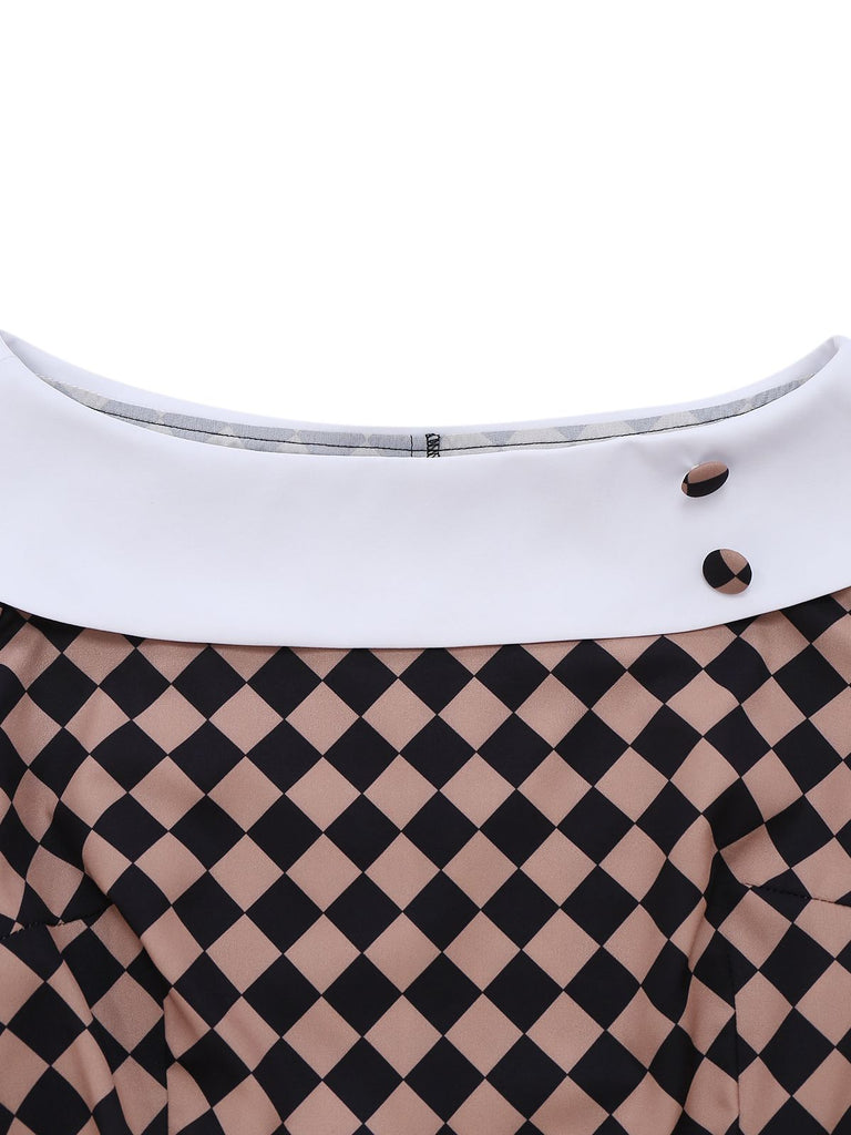 [Prévente] Robe crayon kaki à col bateau et motif argyle des années 1960