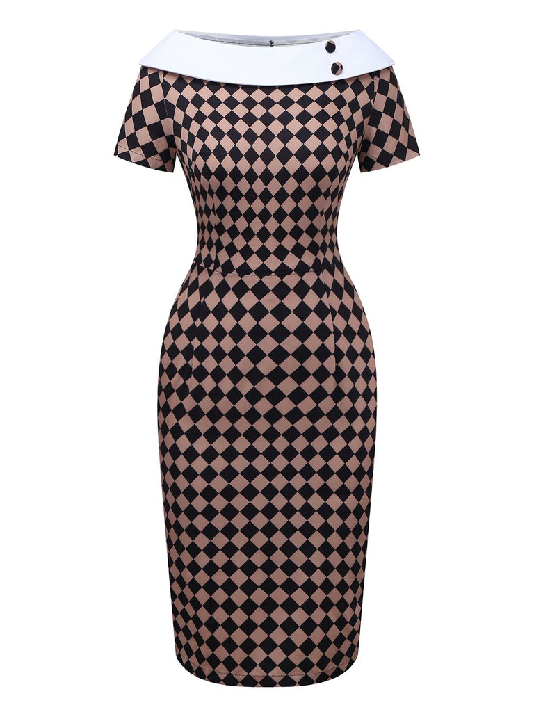 [Prévente] Robe crayon kaki à col bateau et motif argyle des années 1960