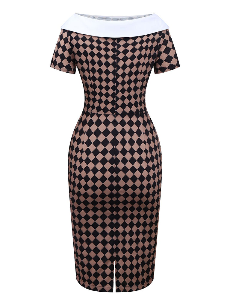 [Prévente] Robe crayon kaki à col bateau et motif argyle des années 1960