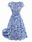 [Prévente] Robe bleue manches courtes motif floral ethnique des années 1950