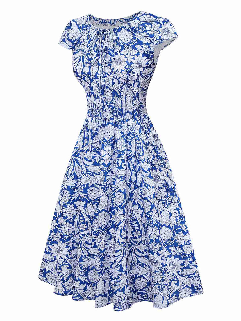 [Prévente] Robe bleue manches courtes motif floral ethnique des années 1950
