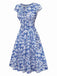 [Prévente] Robe bleue manches courtes motif floral ethnique des années 1950