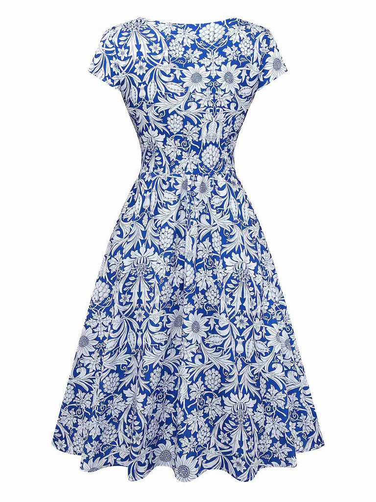 [Prévente] Robe bleue manches courtes motif floral ethnique des années 1950