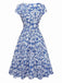 [Prévente] Robe bleue manches courtes motif floral ethnique des années 1950