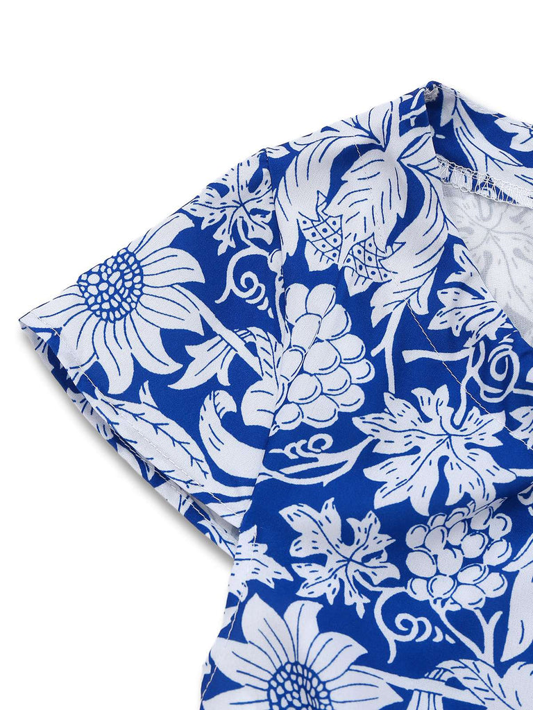 [Prévente] Robe bleue manches courtes motif floral ethnique des années 1950