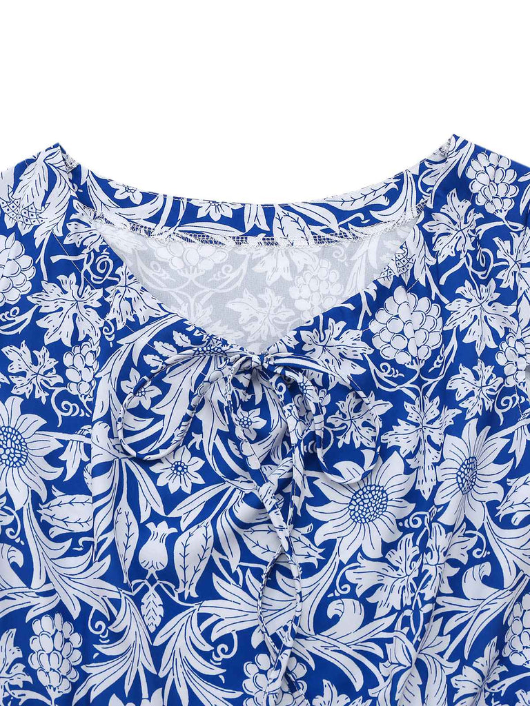 [Prévente] Robe bleue manches courtes motif floral ethnique des années 1950