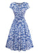 [Prévente] Robe bleue manches courtes motif floral ethnique des années 1950