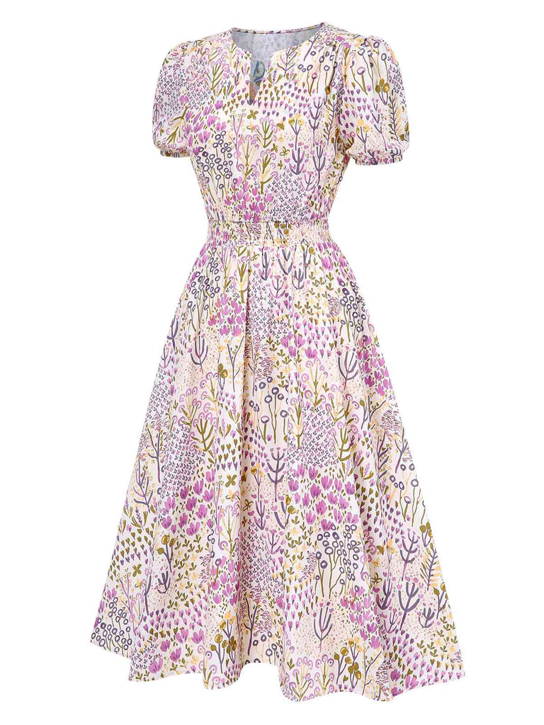 [Prévente] Robe lavande à fleurs et manches bouffantes années 1950
